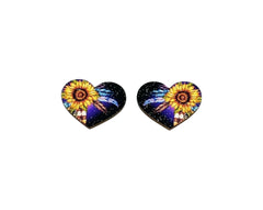 Wooden Sunflower Feather Heart Cabochons – 1″–1.25″ (Sold in Pairs)
