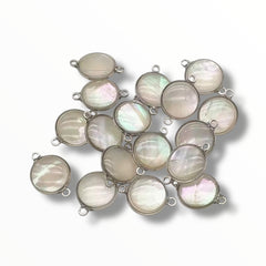 Real Shell Round Connectors – 14×17mm (Abalone & White Shell, Rhodium Finish)
