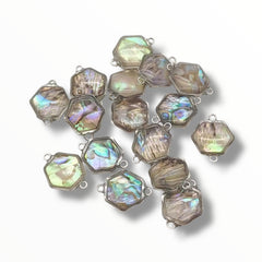 Real Shell Hexagon Connectors – 14×17mm (Abalone & White Shell, Rhodium Finish)