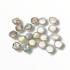 Real Shell Hexagon Connectors – 14×17mm (Abalone & White Shell, Rhodium Finish)