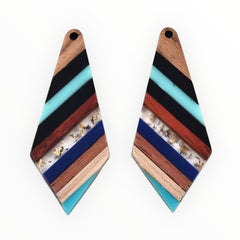 53 × 21.5 × 3.5 mm Wood & Acrylic/Resin Geometric Cabochon – Teal, Navy Blue & Black Teak & Natural Wood