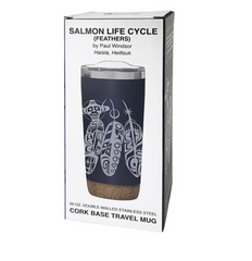 Cork Base Travel Mug - Salmon Life Cycle (Feathers) - 20 oz