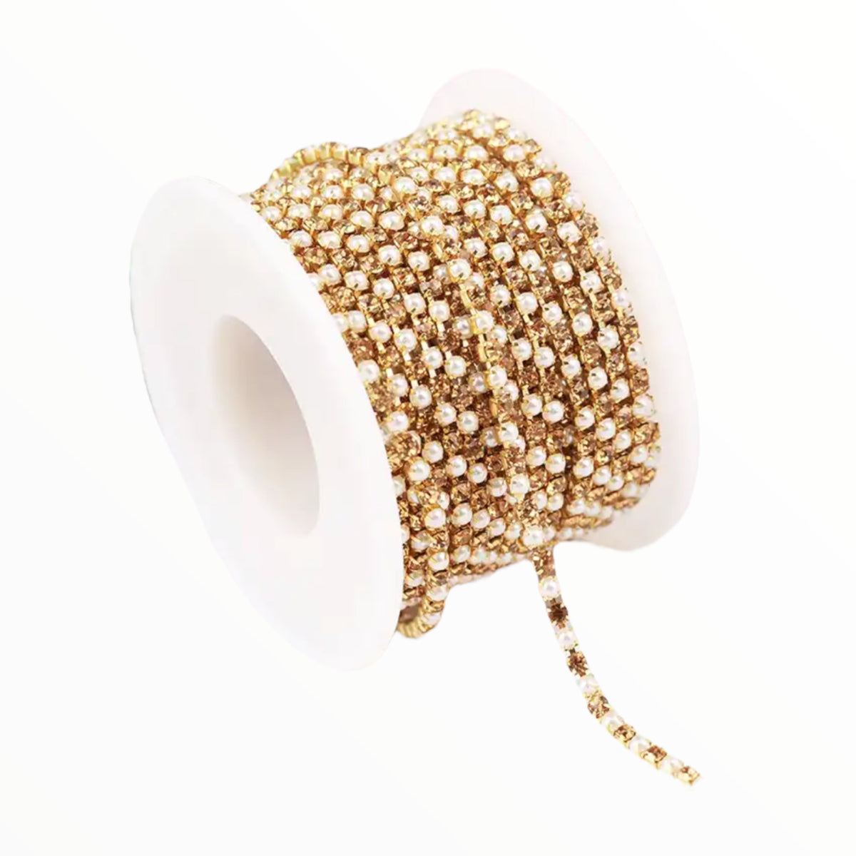 1 Yard SS6 White Pearl & Gold Light Topaz Crystal Gold Metal Rhinestone Chain Banding