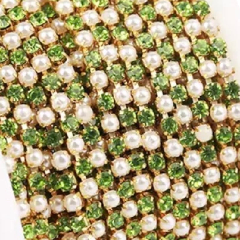 1 Yard SS6 White Pearl & Peridot Crystal Gold Metal Chain Rhinestone Banding