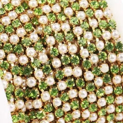1 Yard SS6 White Pearl & Peridot Crystal Gold Metal Chain Rhinestone Banding