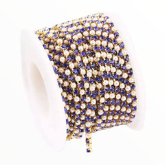 1 Yard SS6 White Pearl & Sapphire Crystal Gold Metal Chain Rhinestone Banding