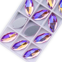 Fancy Glass Sew-On Navette/Horse Eye – 9×18mm AB (Aurora Borealis)