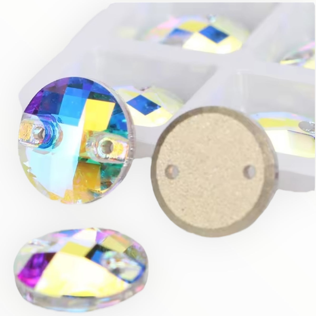 18mm Circular Mesh Crystal AB Glass Sewing Stones (Sold in Pairs)