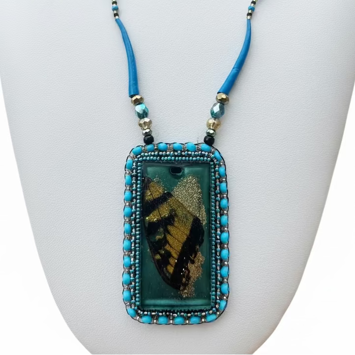 Silas - Dentalium & Lemon Jade w/ Resin Butterfly Wing Pendant