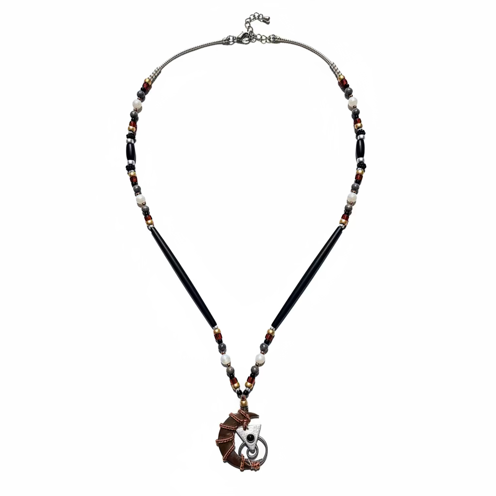Silas – Bone, Stone, & Glass Necklace with Wire Wrap Moon Pendant