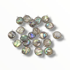 Real Shell Round Connectors – 14×17mm (Abalone & White Shell, Rhodium Finish)
