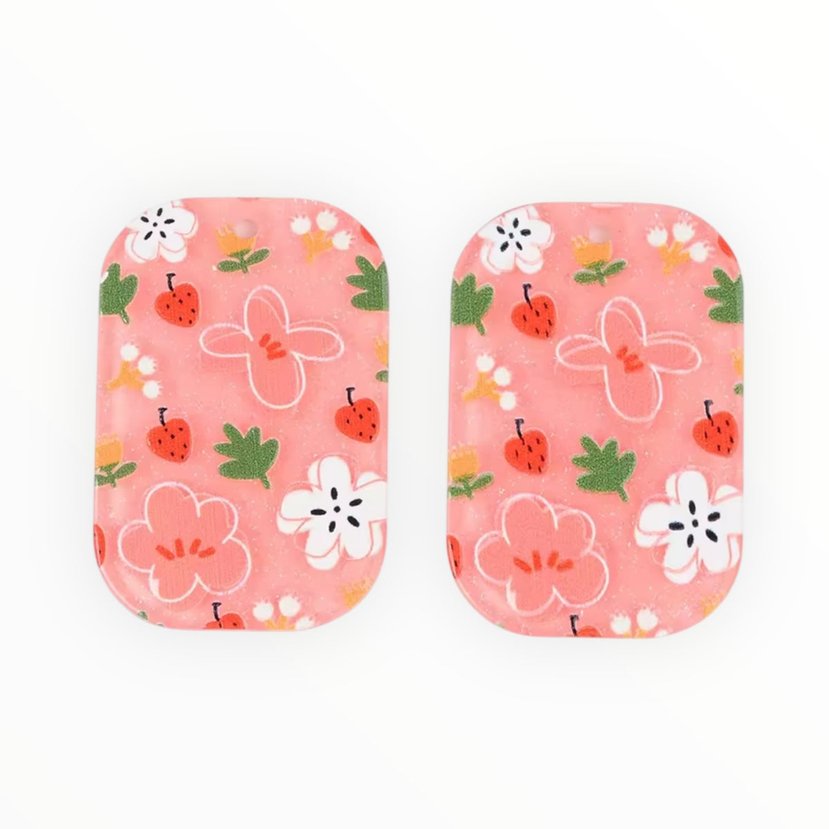 Strawberry & Flowers - Acrylic Cabochon - Rounded Rectangle