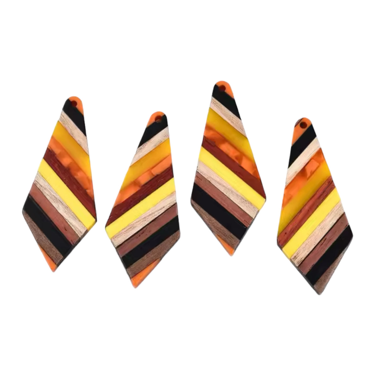 53 × 21.5 × 3.5 mm Wood & Acrylic/Resin Geometric Cabochon – Orange, Yellow, Teak & Natural Wood