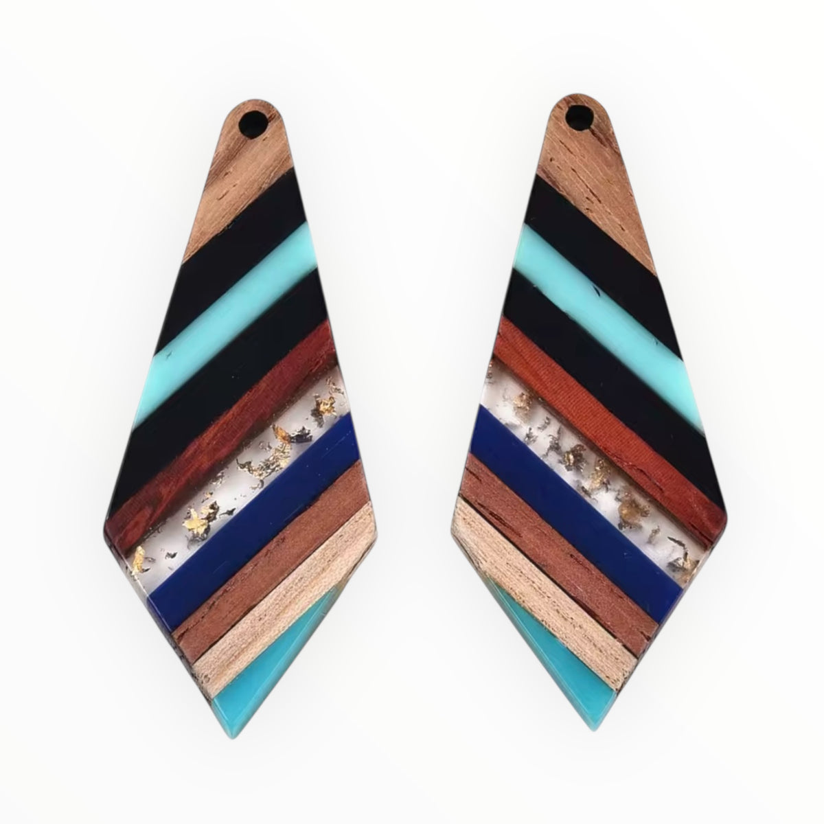 53 × 21.5 × 3.5 mm Wood & Acrylic/Resin Geometric Cabochon – Teal, Navy Blue & Black Teak & Natural Wood