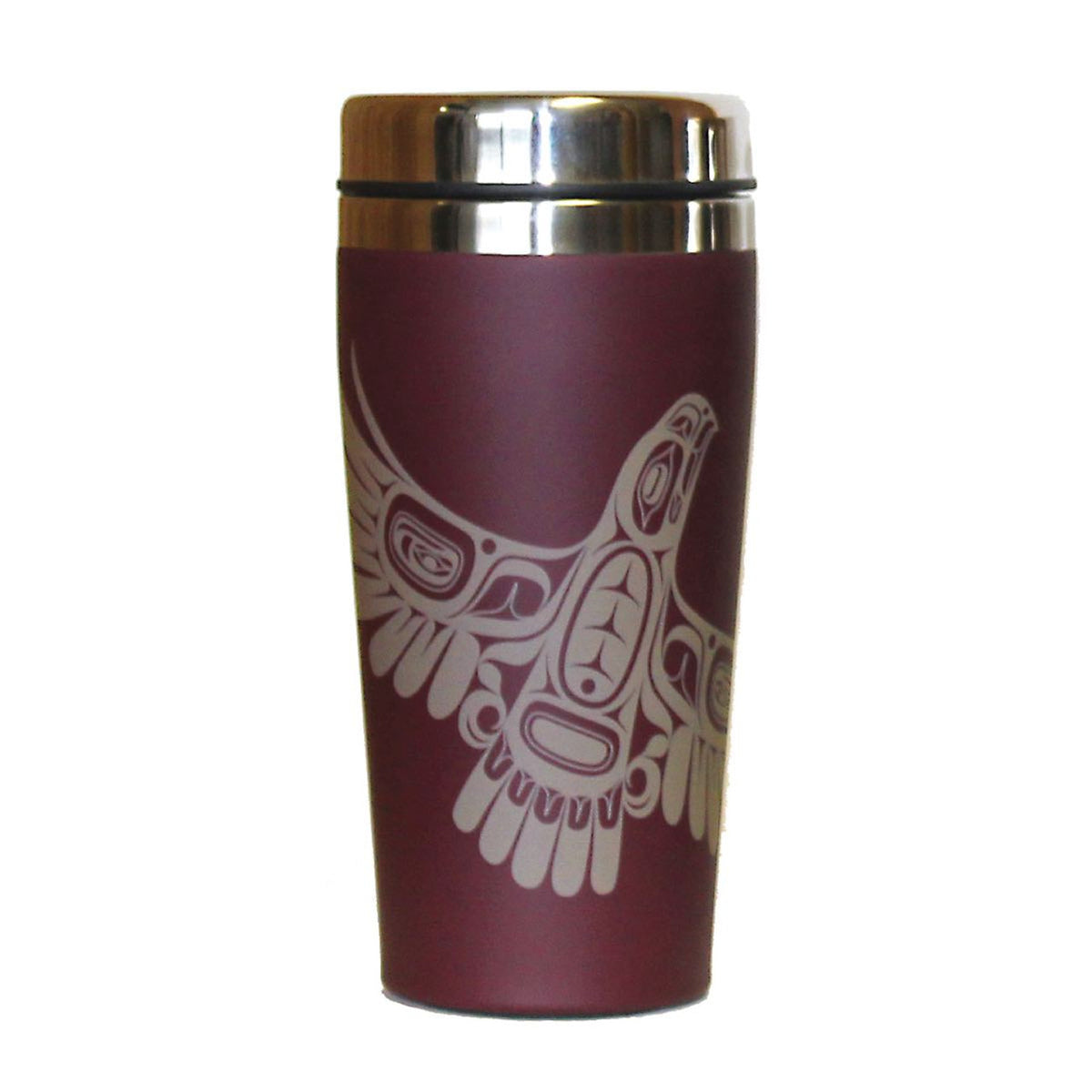 Ernest Swanson (Haida) – Eagle’s First Flight Matte Travel Mug – Burgundy (16 oz)