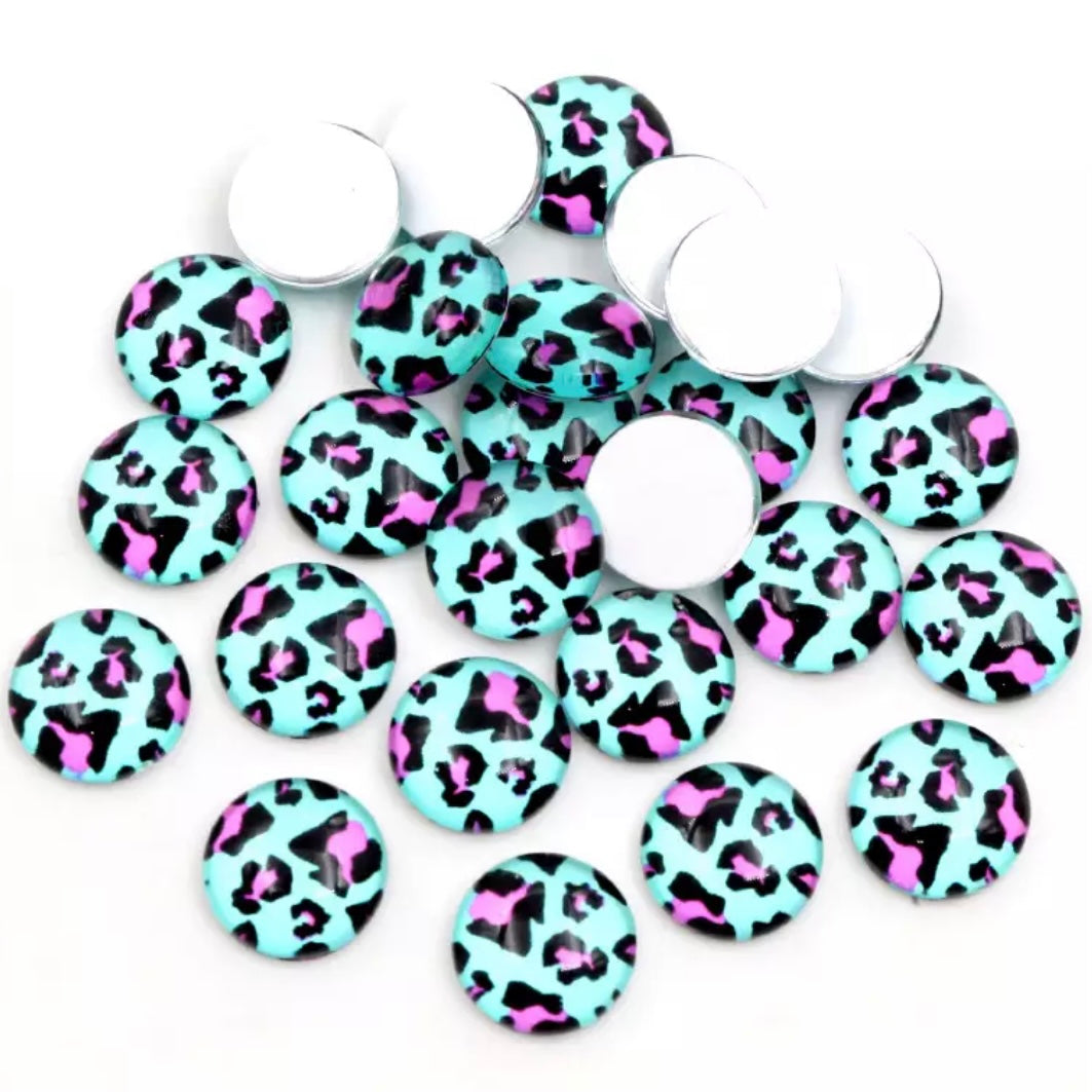 12mm Aqua & Pink Animal Print Glass Half Dome Glue-On Gems – Sold in Pairs