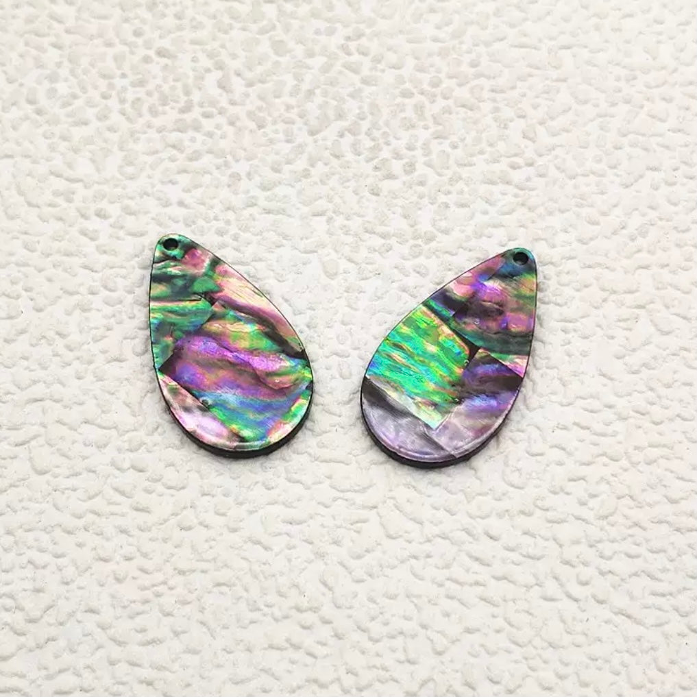 20×35 mm Grey/Black Abalone Shell Teardrop, One-Hole Sew-On Shell on Acrylic Gem (Sold in Pairs)