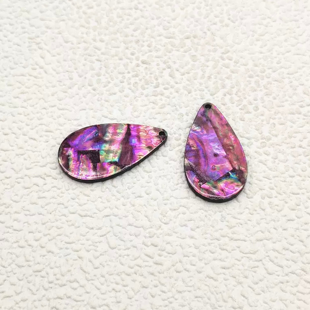 20×35 mm Pink/Black Abalone Shell Teardrop, One-Hole Sew-On Shell on Acrylic Gem (Sold in Pairs)