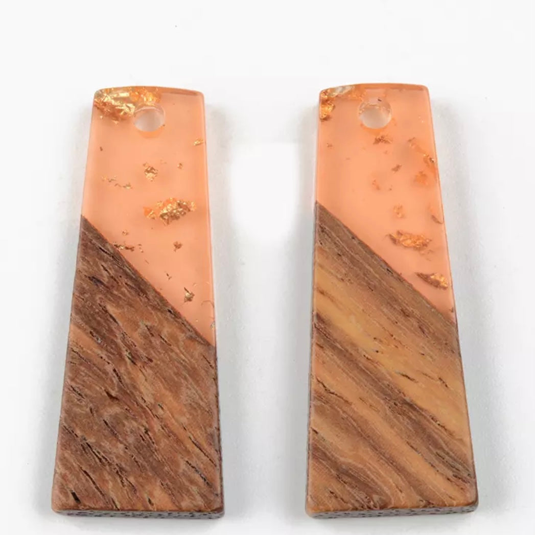 11*30mm Peach with Gold Foil Flakes & Wood Trapezoid, On Hole , Acrylic Gem