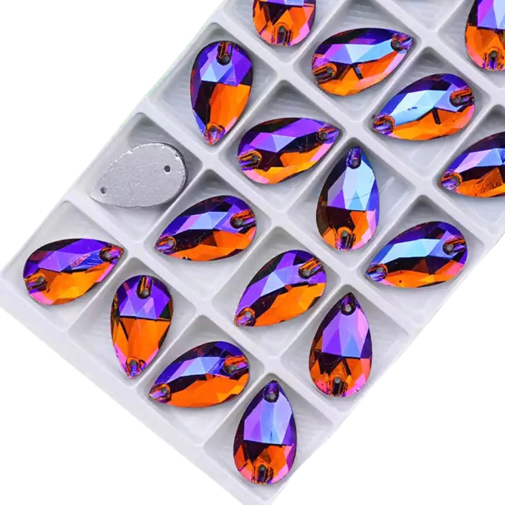 11×18mm Fancy Glass AB Tear Drop – Sew-On Crystals (Sold in Pairs)