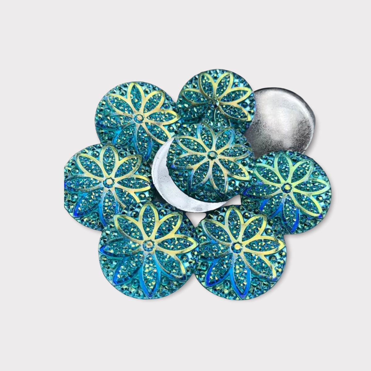 25mm Round Glitter Flower Resin Gem – Flat Back, Glue-On (Sold in Pairs)