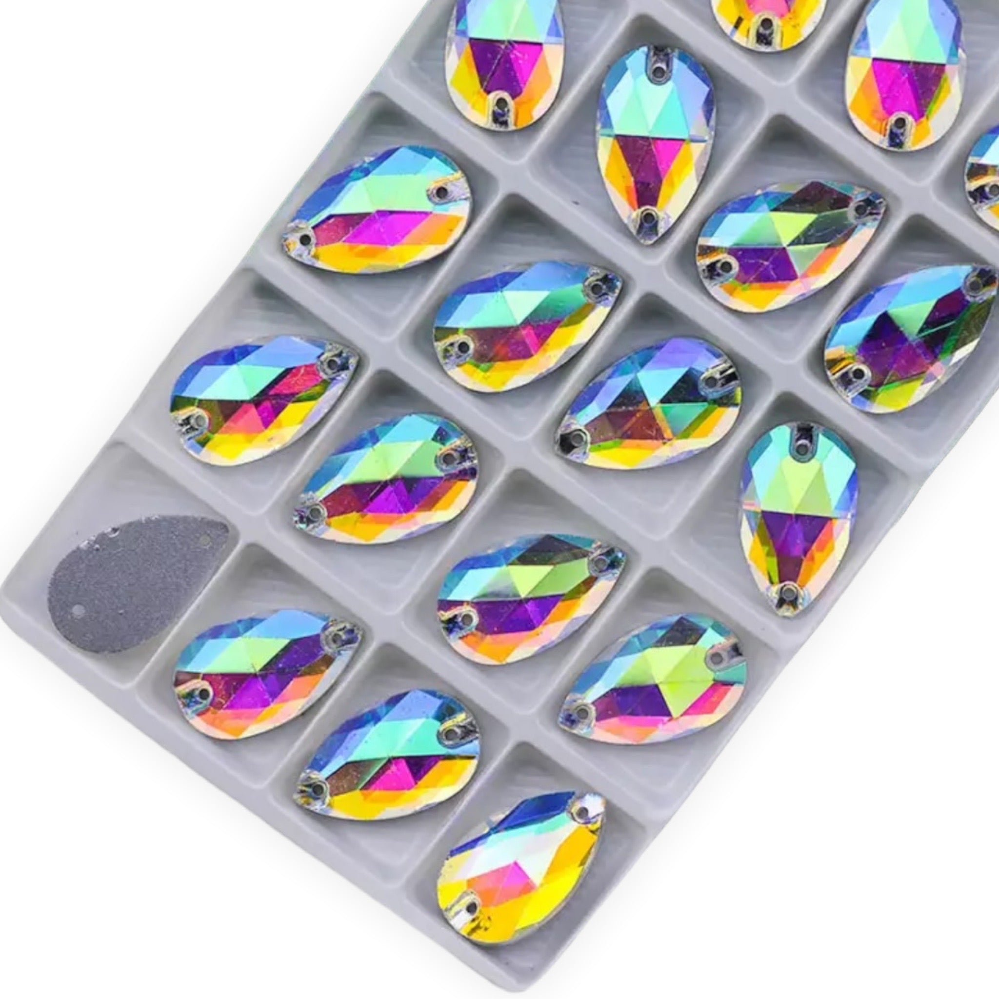 11×18mm Fancy Glass AB Tear Drop – Sew-On Crystals (Sold in Pairs)