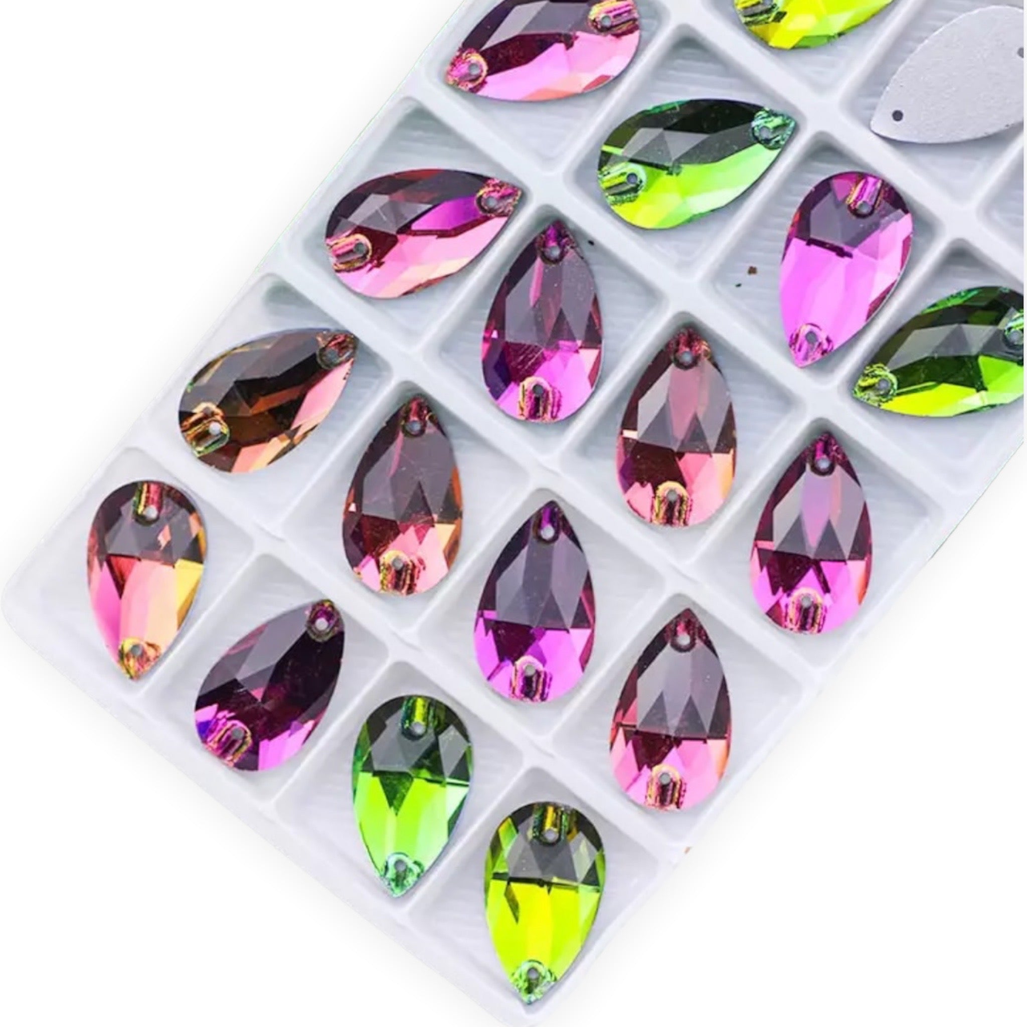 11×18mm Fancy Glass AB Tear Drop – Sew-On Crystals (Sold in Pairs)