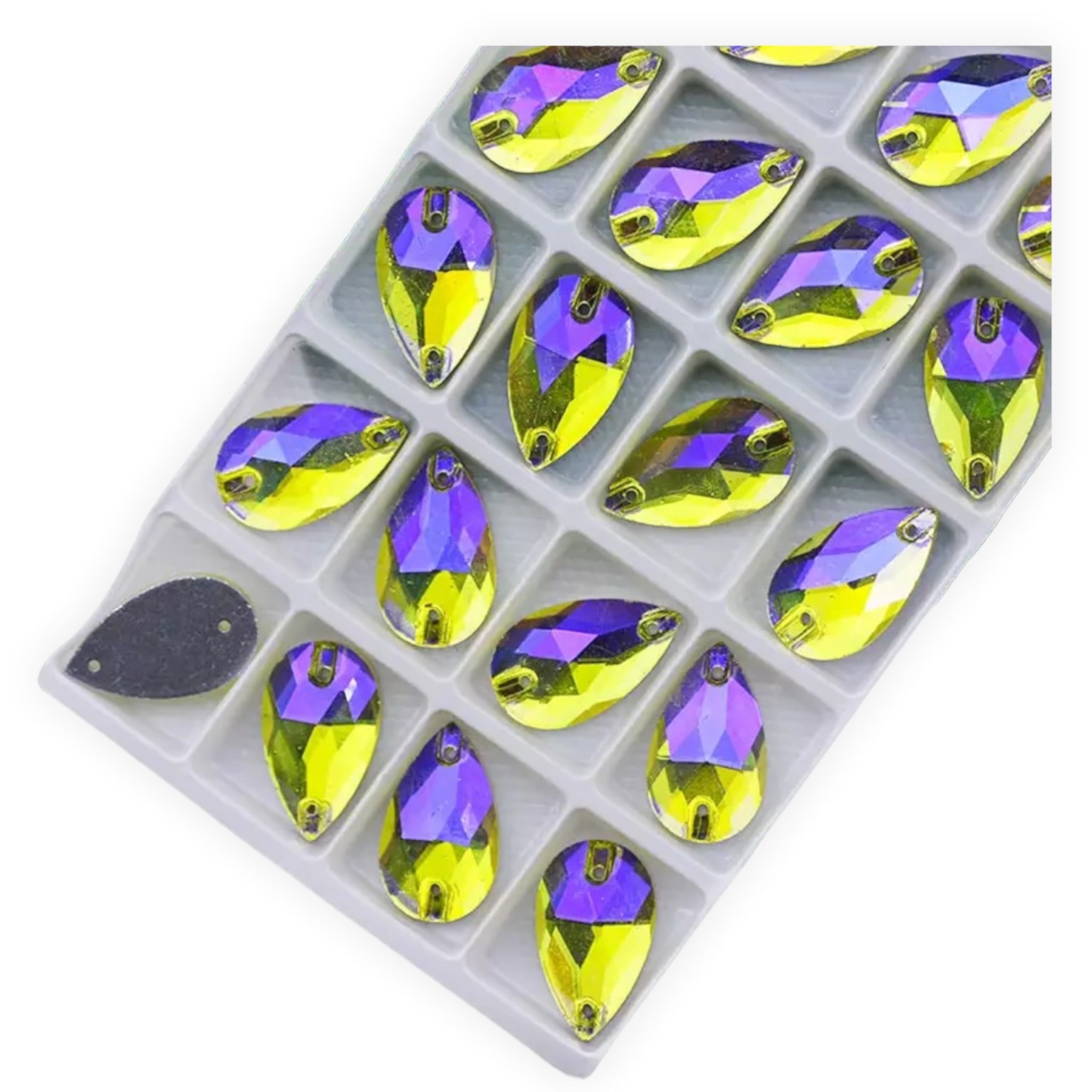 11×18mm Fancy Glass AB Tear Drop – Sew-On Crystals (Sold in Pairs)