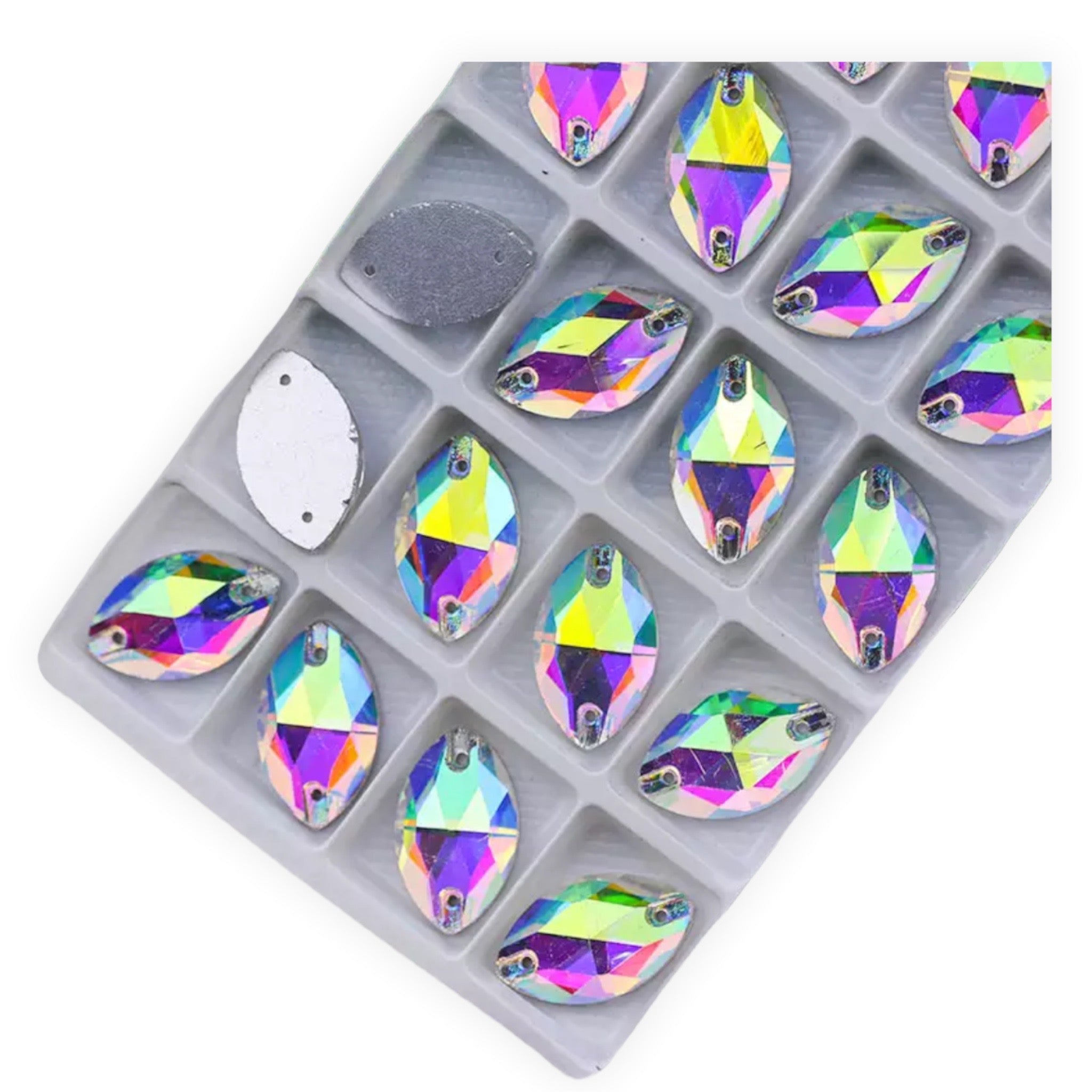 Fancy Glass Sew-On Navette/Horse Eye – 9×18mm AB (Aurora Borealis)