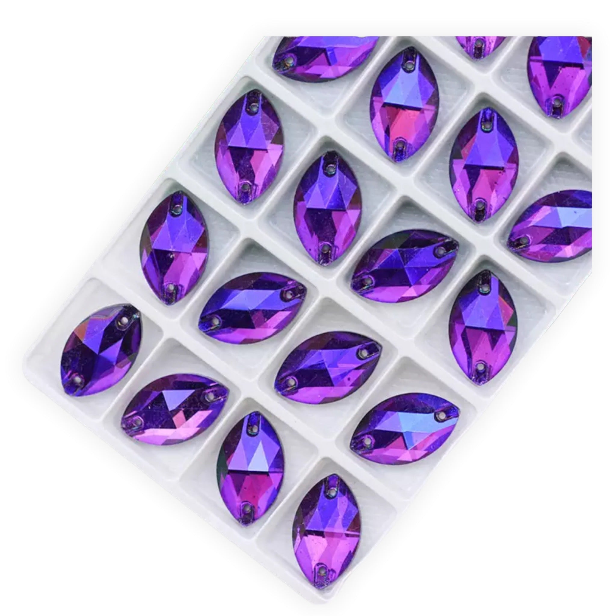 Fancy Glass Sew-On Navette/Horse Eye – 9×18mm AB (Aurora Borealis)