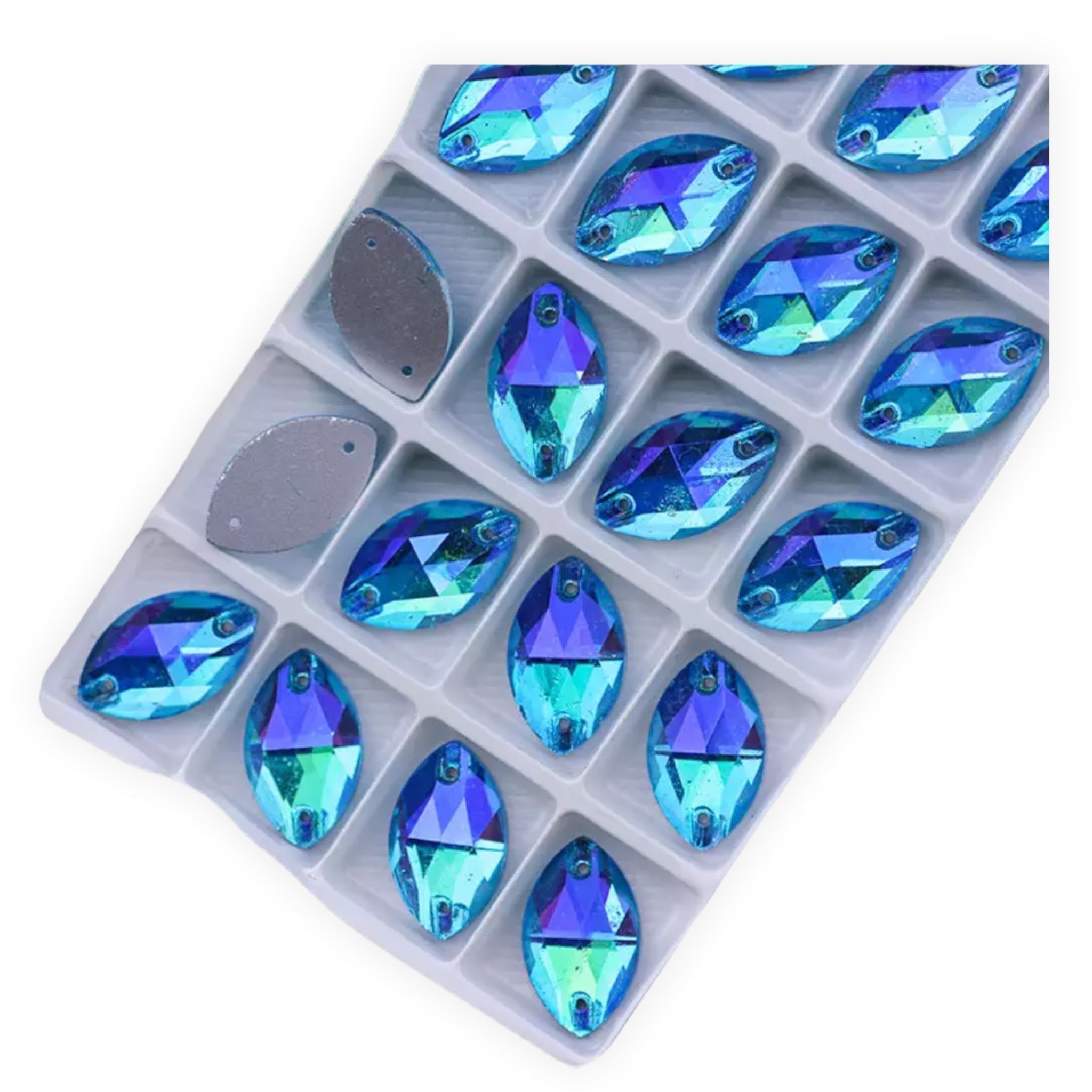 Fancy Glass Sew-On Navette/Horse Eye – 9×18mm AB (Aurora Borealis)