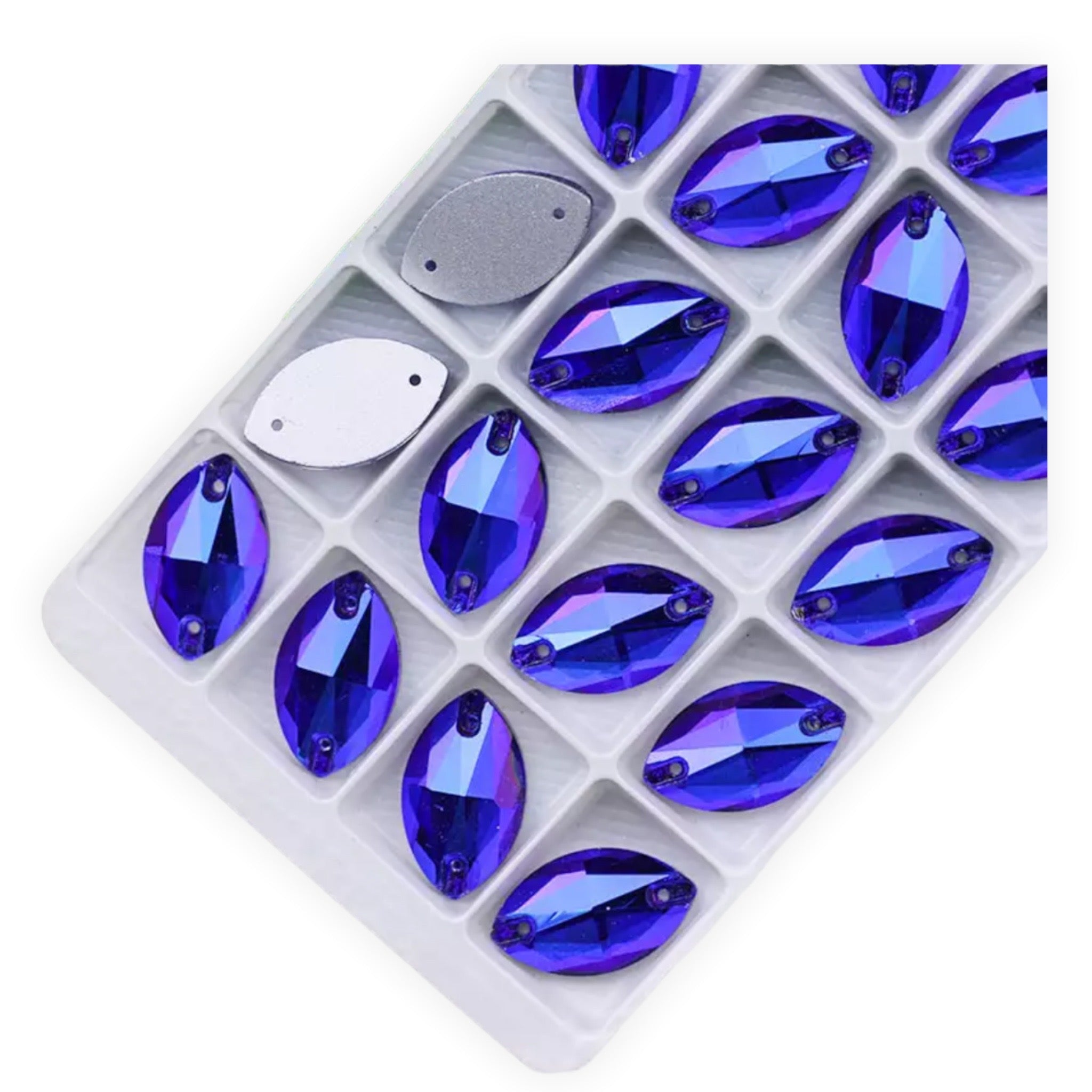 Fancy Glass Sew-On Navette/Horse Eye – 9×18mm AB (Aurora Borealis)