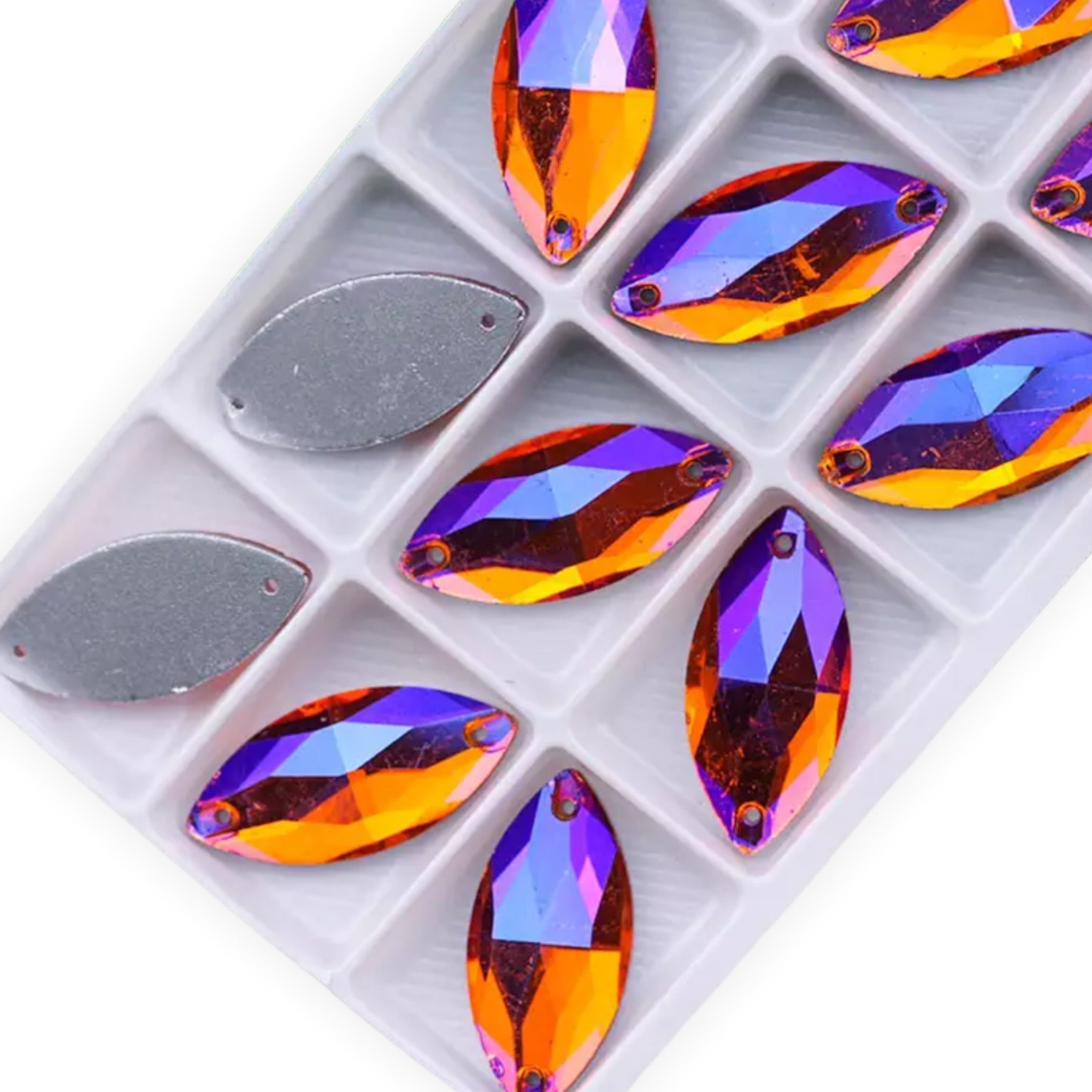 Fancy Glass Sew-On Navette/Horse Eye – 9×18mm AB (Aurora Borealis)