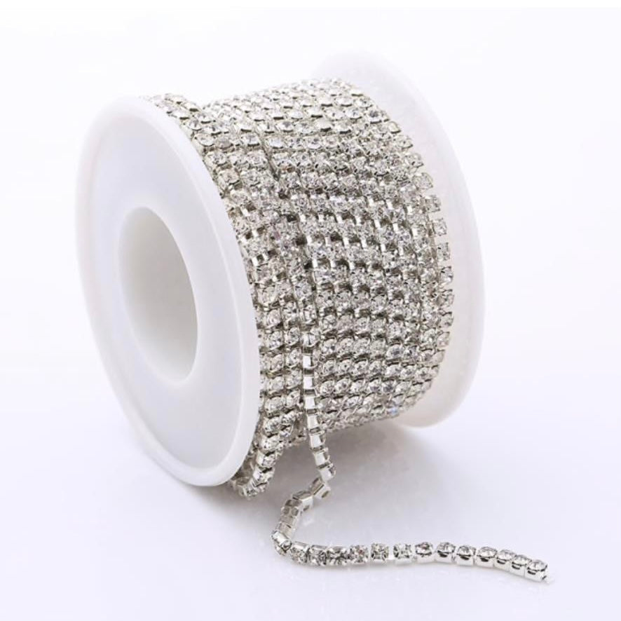 1 Yard SS6 Crystal Silver Metal Chain Rhinestone Banding